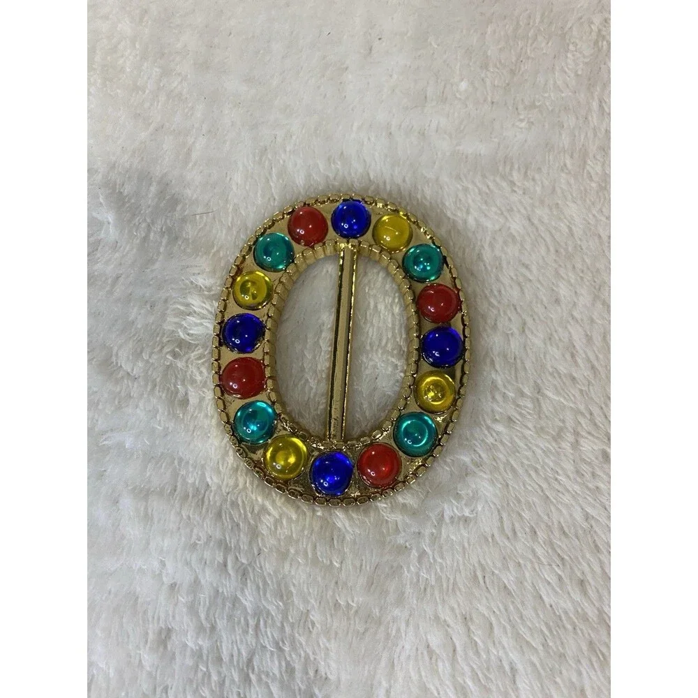 VTG 80s, 90s Plastic Gold Tone Oval Belt Buckle with Multi-Color Faux Gemstones
